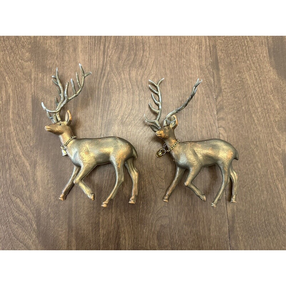 MCM Reindeer Set of 2 Vintage Christmas Celluloid Gold Painted Bell Necklaces